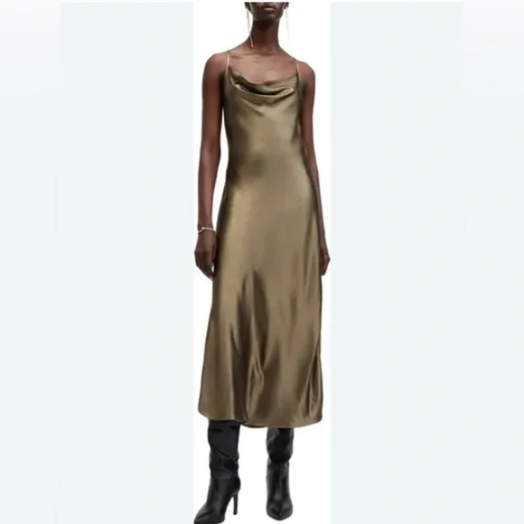 green emerald velvet dress AllSaints Womens Hadley Dress Metallic Gold 0 at Amazon Women's Clothing  store